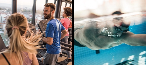 Qualitrain: 3 Läufer auf Laufband und Schwimmer im Wasser